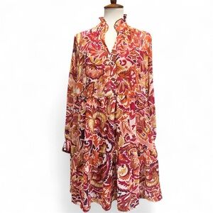 1.STATE Metallic Floral Tiered Mini Dress Size L | Ruffle Neck Sheer Long Sleeve